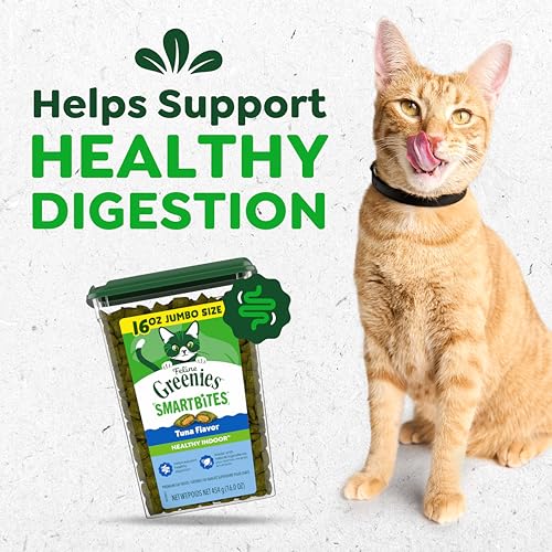 Greenies Feline Smartbites Healthy Indoor Cat Treats, Tuna, 16 oz | Veterinarian-recommended, Fiberblend Formula, supports digestion, under 2 cal per treat, natural ingredients, dual texture