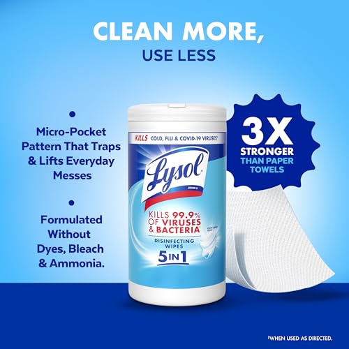 Lysol Disinfecting Wipes, Multi-Surface Cleaner, Crisp Linen, 80 ct. | All Purpose Cleaner, Sanitizing, Deodorizing, Apartment Essentials, Back To School Cleaning Supplies, Kitchen & Bathroom Wipe
