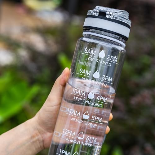 OLDLEY Water Bottle, 32oz Motivational Sports Water Bottle with Time Marker - Times to Drink - Tritan, BPA Free, Wide Mouth Leakproof, Clear (1 Bottle)