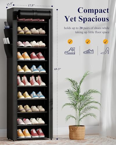 Kitsure 10-Tier Shoe Rack with Cover, Vertical Shelf, 17.5" Wide, Black | Space Saving Shoe Storage with Side Pocket, Shoe Organizer for Closet, Entryway, Bedroom, Zapateras Cabinet