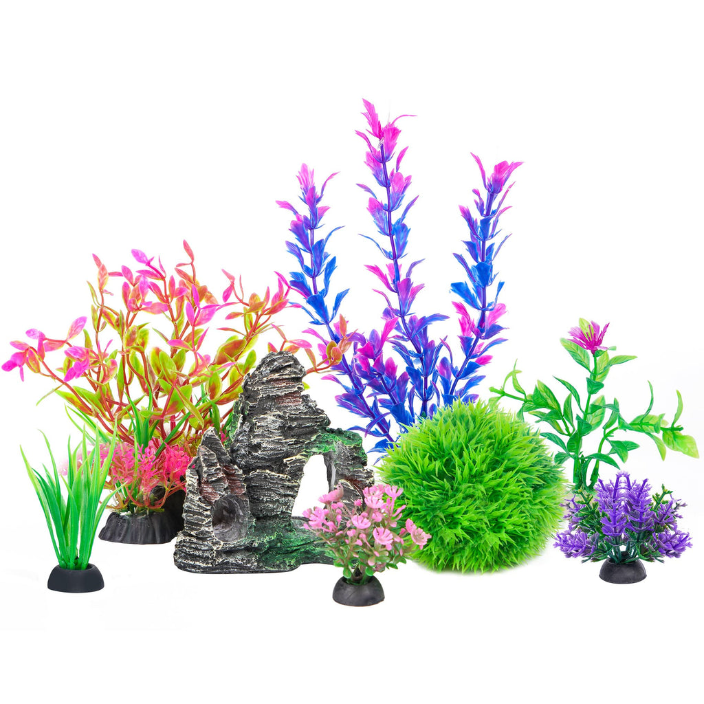 Ameliade Aquarium Artificial Plants & Rock Cave Betta Fish Tank Decor Set | Betta Goldfish Aquarium Accessories, Soft Plastic Plants & Rock Cave Decorations, Small and Large Fish Bowl Ornaments