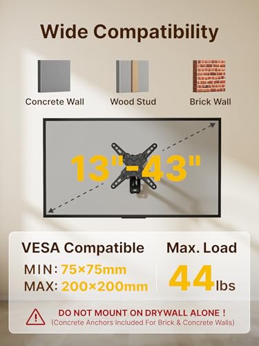 monTEK Full Motion Small TV Wall Mount for 13-43 Inch TVs up to 44 lb | ±90° Swivel, +5°/-15° Tilt, Landscape/Portrait Rotation, Extends 14.6 in, 4X Load Tested, VESA 200x200 mm, Single-Stud Mount