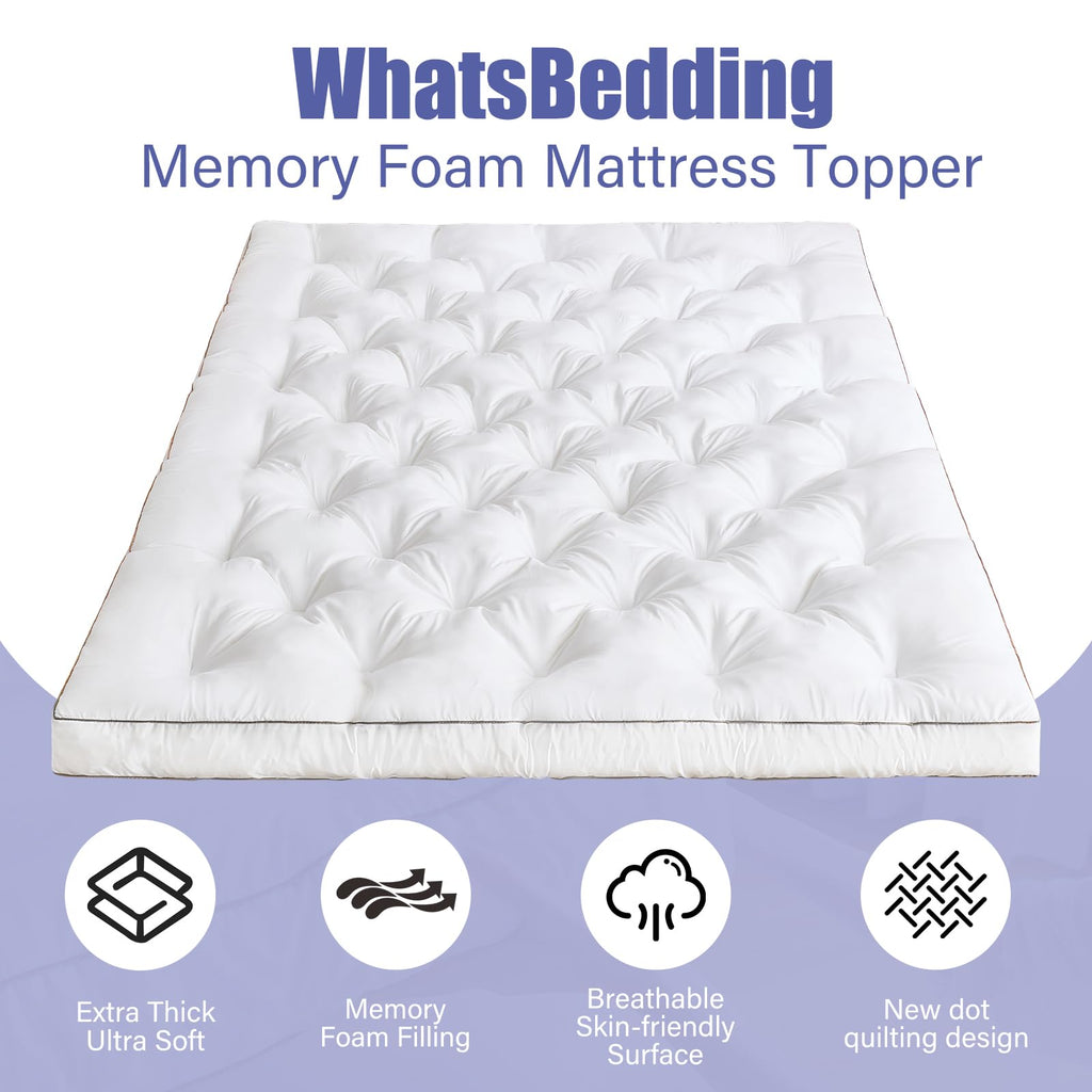 WhatsBedding 4 Inch Memory Foam Mattress Topper Queen for Back Pain Relief, Filled with Breathable Gel Memory Foam, Fluffy Comfort Supportive Pillow Top Mattress Topper, 80x60x4in
