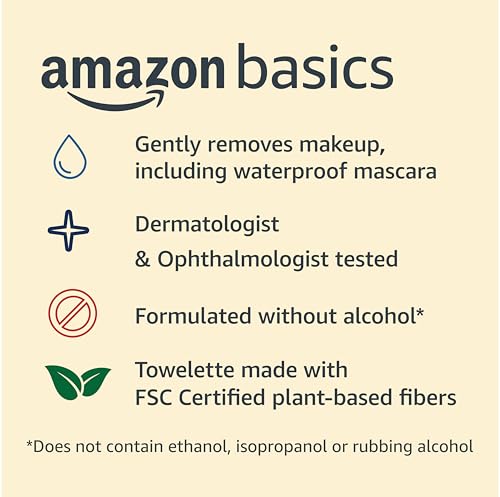 Amazon Basics Makeup Remover Wipes, Formulated without Fragrance and Alcohol-Free, Gentle Cleansing, Removes Waterproof Mascara, Dermatologist Tested, 25 Count, Pack of 2
