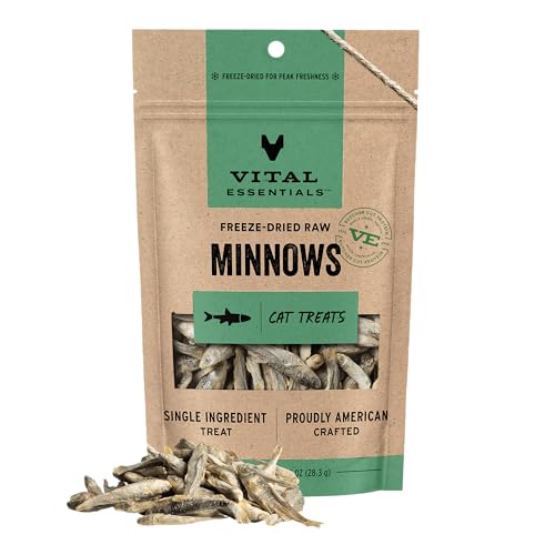 Vital Essentials Freeze Dried Minnows Cat Treats, 1.0 oz Bag | Single Ingredient, Premium Quality Protein, Grain Free, Healthy Treats, USA Made with U.S. & Globally Sourced Ingredients