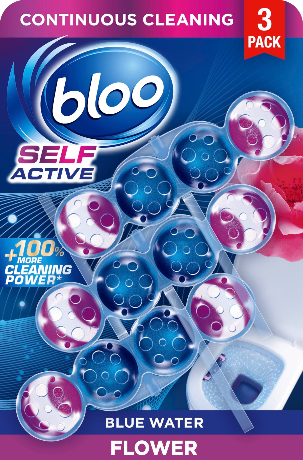Bloo Self Active Triple Toilet Rim Block & Bowl Cleaner, Flower, Pack of 3