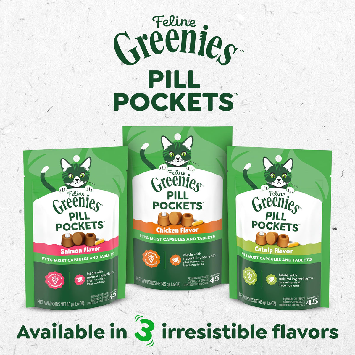 Greenies Feline Pill Pockets Soft Cat Treats, Chicken Flavor, 45 Count | #1 vet-recommended, moldable pocket hides pills, no artificial flavors or preservatives, real ingredients