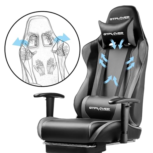 GTPLAYER Gaming Chair with Footrest, Ergonomic Computer Game Desk Chair, Reclining Gamer Chair Seat Height Adjustment, Swivel Rocker with Headrest and Lumbar (Gray)