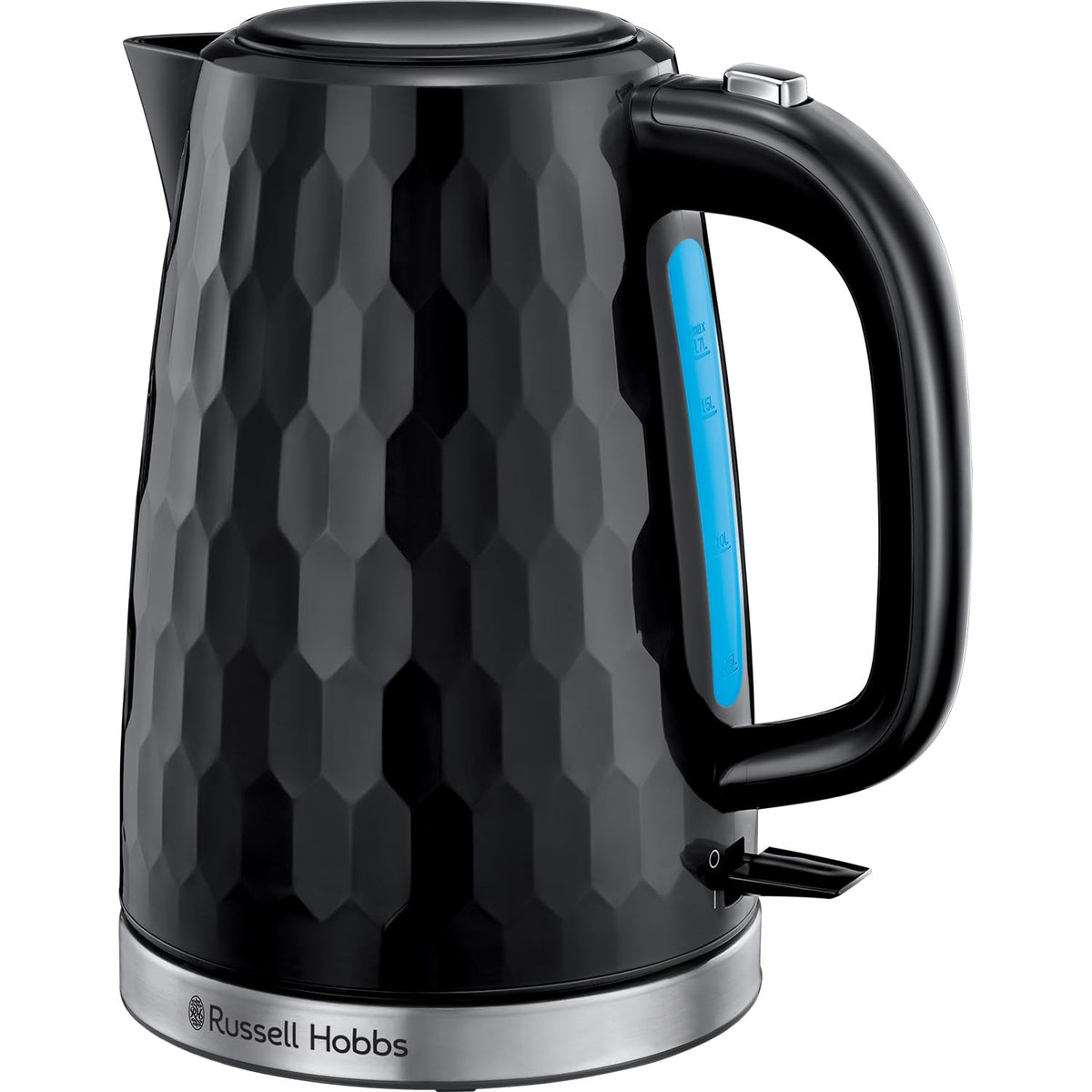 Russell Hobbs Honeycomb Black Cordless Electric Kettle, 1.7L, Premium Plastic, Gloss Finish, Fast Boil 3KW, Washable Anti-Scale Filter, Push Button Lid, 26051