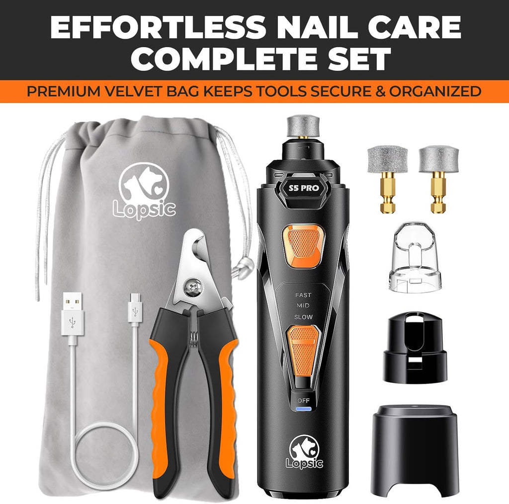 Whisper Quiet Dog Nail Grinder Safe & Stress-Free for Sensitive Dogs Cats | 4 LED Lights,3 Grinding Bits, 3-Speed, Pet Nail Trimmers, Rechargeable Painless Grooming Kit for All Breeds & Sizes