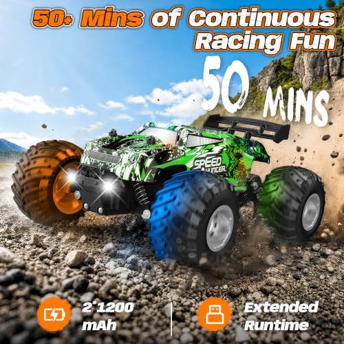 Remote Control Car All-Terrain 1:18 Rc Car with LED Lights 2 Batteries | 2WD Rc Truck, 50Min Play, 2.4GHz, 20KM/H Sturdy Off Road Remote Control Truck Toys for Boys Girls, Christmas Birthday Gift