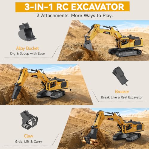 Noizka Remote Control Excavator Toy for Boys, 3-in-1 RC Excavator with Alloy Bucket, Breaker & Grapple, Construction Vehicle Toys with Lights & Sounds, 2×1200mAh Batteries, Birthday Gift for Kids 8-12