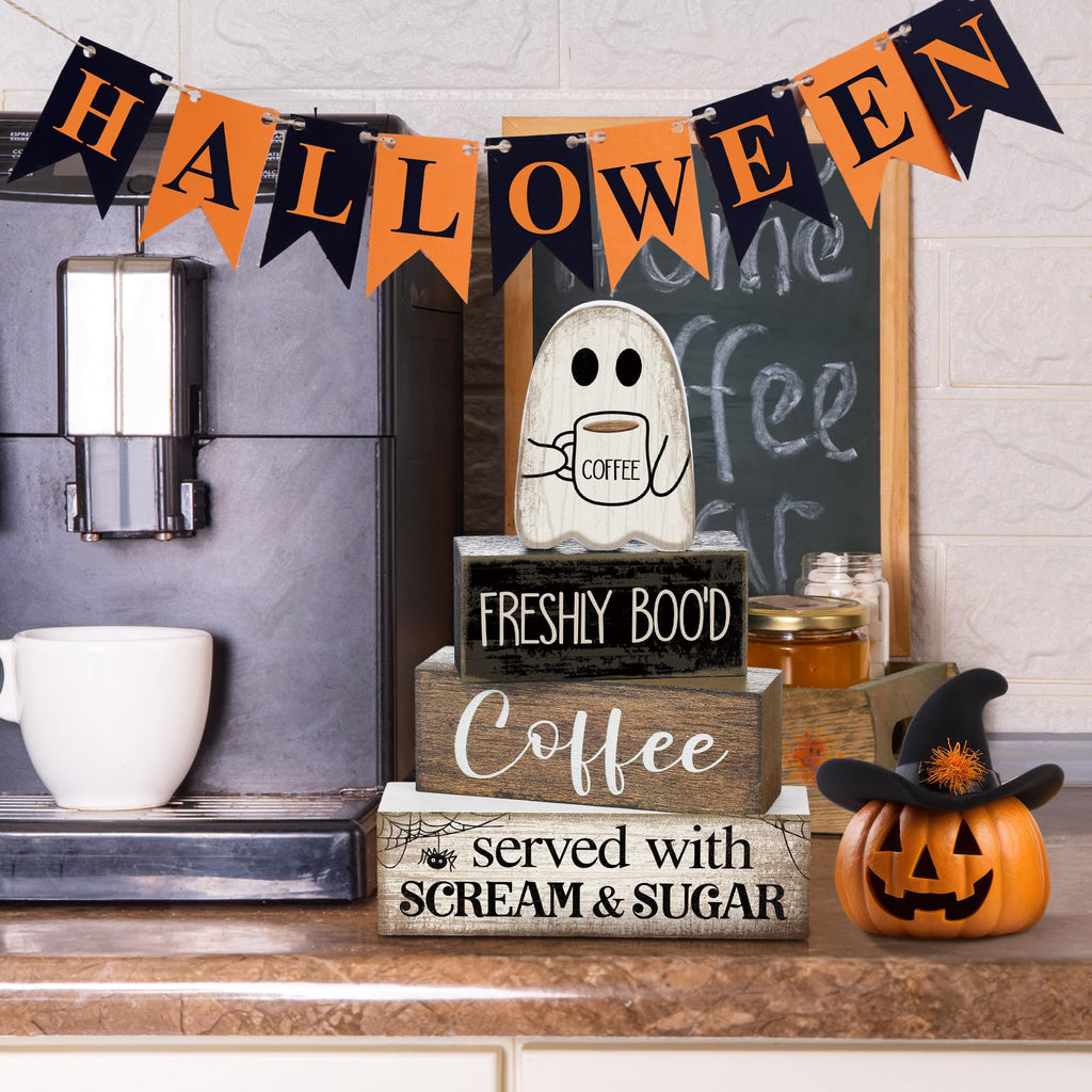 Lineshading 4 Pcs Halloween Coffee Table Decor Wooden Ghost Coffee Bar Sign | Stackable Blocks Bar Farmhouse Rustic Ghost Tiered Tray Decor Festive Boo Wooden Signs Home Office Kitchen Shelf