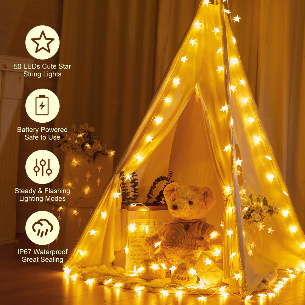 Minetom 50 LED Star String Lights, 17ft Fairy Lights Battery Operated | Star Lights with Timer, Waterproof for Indoor Outdoor Bedroom Tent Loft Bed Patio Party Wedding Christmas Decor, Warm White