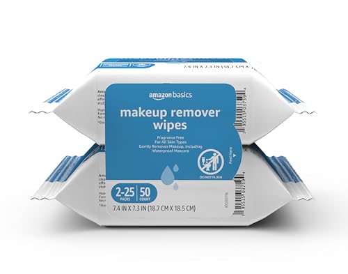Amazon Basics Makeup Remover Wipes, Formulated without Fragrance and Alcohol-Free, Gentle Cleansing, Removes Waterproof Mascara, Dermatologist Tested, 25 Count, Pack of 2