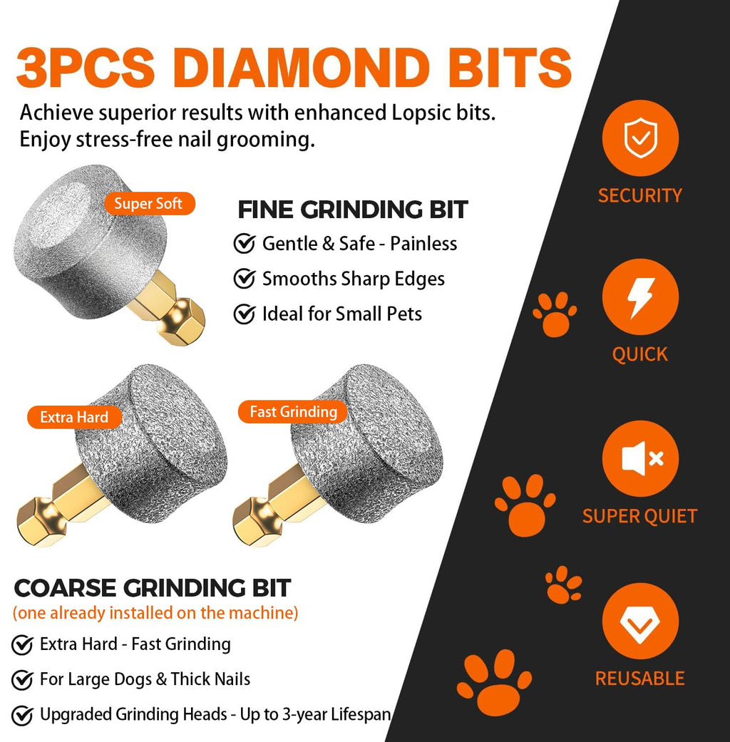 Whisper Quiet Dog Nail Grinder Safe & Stress-Free for Sensitive Dogs Cats | 4 LED Lights,3 Grinding Bits, 3-Speed, Pet Nail Trimmers, Rechargeable Painless Grooming Kit for All Breeds & Sizes