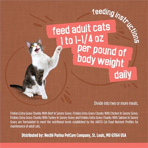 Purina Friskies Extra Gravy Wet Cat Food Chunky Variety, (24) 5.5 oz. Cans | Variety Pack With Chicken, Turkey, Salmon, & Beef cat food in savory gravy, for tender, tasty meals