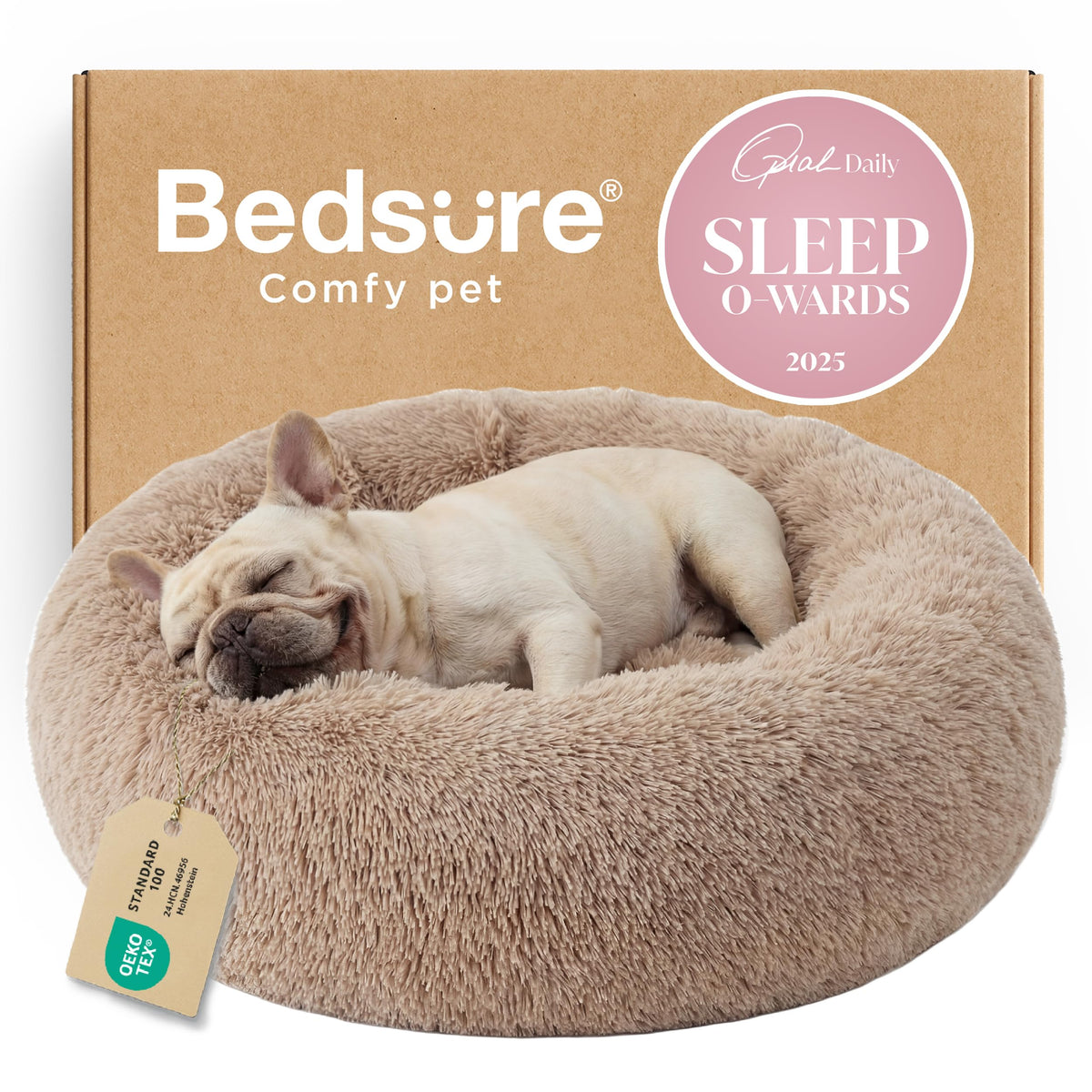 Bedsure Calming Dog Bed Medium Size Dog Donut Washable Pet Bed,30ins Camel | Oprah Daily Sleep Award,Fluffy Faux Fur Round Cuddler,Anti-Slip Bottom,Anti-Anxiety,Deep Sleep for Pets Up to 45 Lbs