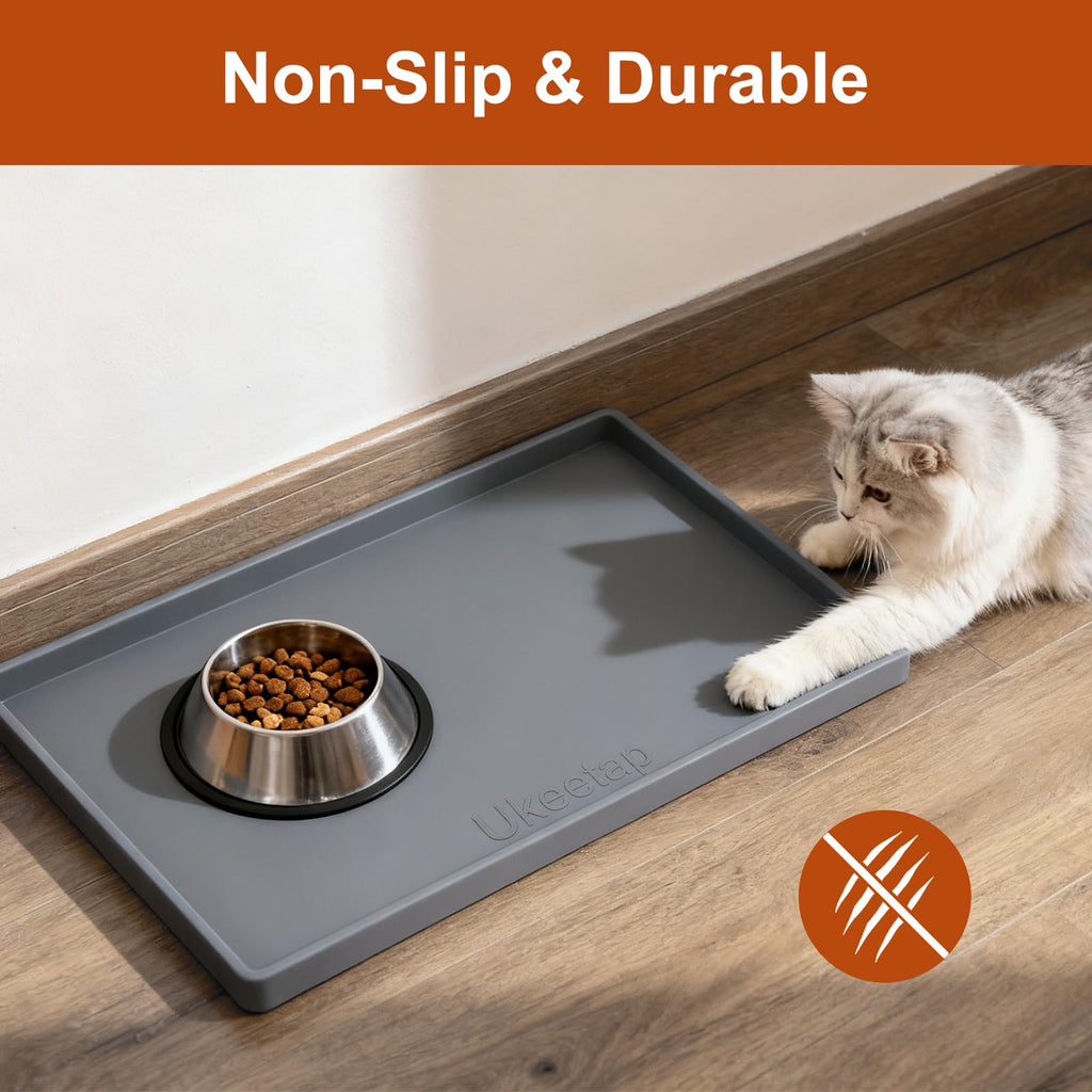 19" x 12" Extra Thick Silicone Mat Waterproof with Raised Edge, Gray | BPA-Free Non-Slip Multi-Purpose Mat for Dog & Cat Feeding, Under Sink Storage & Protection