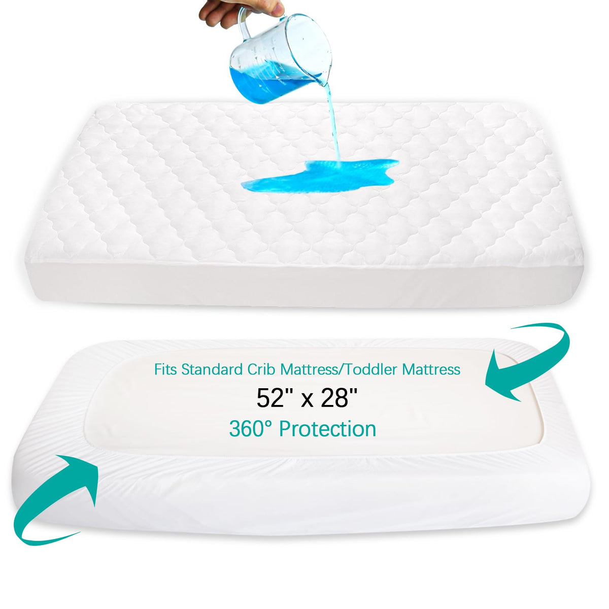 Crib Mattress Protector Sheets Fitted Waterproof Crib Mattress Pad Cover | Quilted Improved Thickness Machine Washable Noiseless 52” x 28” White Fit for Standard Crib Toddler Bed Mattress up to 9”
