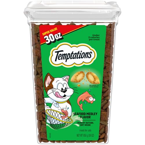 Temptations Classic Crunchy and Soft Cat Treats, Seafood Medley, 30 oz | Under 2 calories per treat, 100% complete & balanced adult cat nutrition, resealable tub, use as snack, meal, or food topper