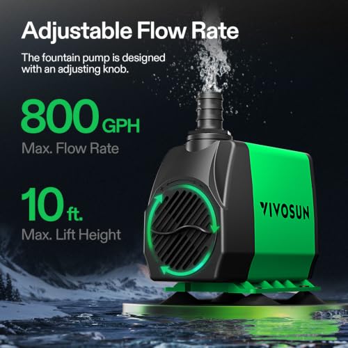 VIVOSUN 800GPH Submersible Fountain Water Pump for Pond, Aquarium, Statuary | 3000L/H, 50W, Ultra Quiet Water Pump with 10ft. High Lift and 6.5ft. Power Cord, 3 Nozzles for Hydroponics, Green