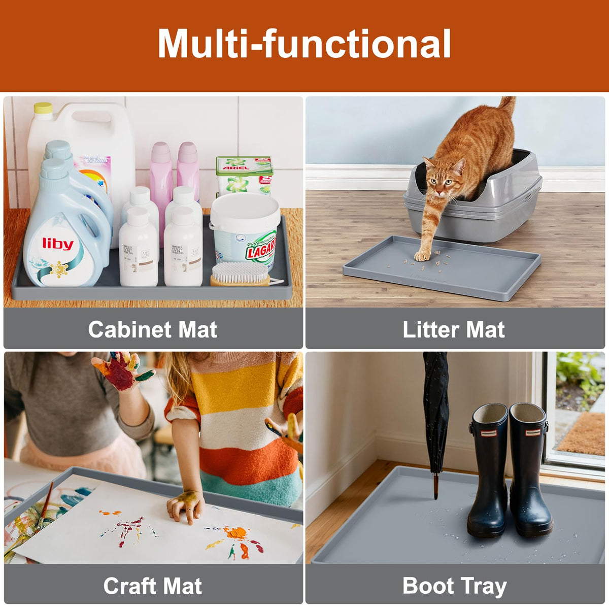 19" x 12" Extra Thick Silicone Mat Waterproof with Raised Edge, Gray | BPA-Free Non-Slip Multi-Purpose Mat for Dog & Cat Feeding, Under Sink Storage & Protection