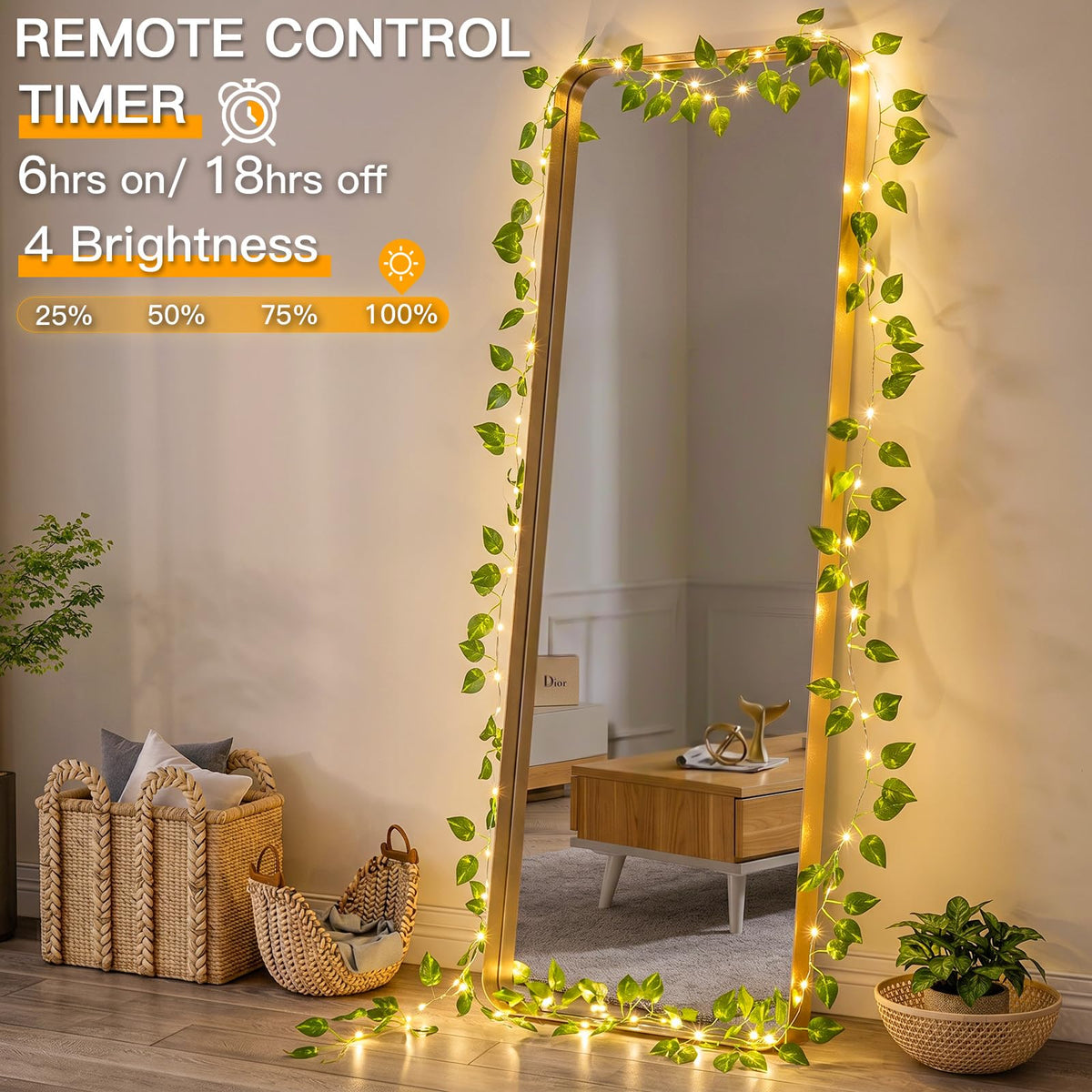 suddus 33FT 100LED Pothos Vine Fairy Lights Battery Operated Copper Wire | String Lights with Remote,Leaf Lights for Bedroom,Dorm,Wedding,Party, Garden,Wedding,Classroom Decor (Warm White)