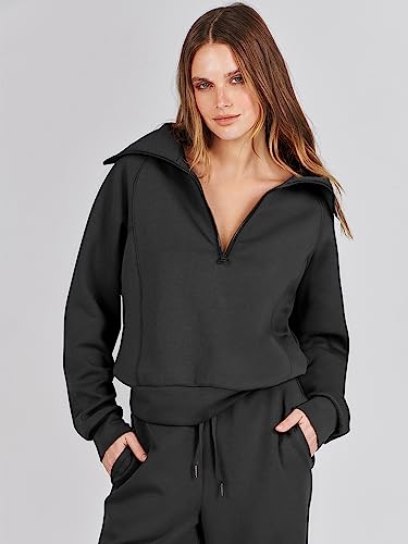 ANRABESS Women 2 Piece Set Sweatsuits Lounge Fall Outfits | Quarter Zip Pullover Wide Leg Pants & Pockets Matching Set,Casual Travel Fashion Airport Vacation Clothing,Sweat Track Suits