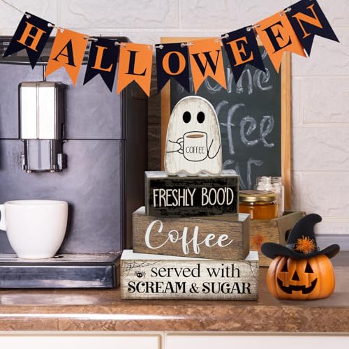 Lineshading 4 Pcs Halloween Coffee Table Decor Wooden Ghost Coffee Bar Sign | Stackable Blocks Bar Farmhouse Rustic Ghost Tiered Tray Decor Festive Boo Wooden Signs Home Office Kitchen Shelf