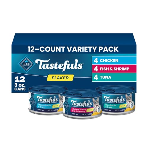 Blue Buffalo Tastefuls Variety Pack Wet Cat Food, 3 oz, 12 ct | Tuna, Chicken & Fish and Shrimp Entrées in Gravy (4 of Each), No Corn, Wheat, or Soy