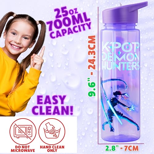 KPop Demon Hunters Get Trend 25oz Water Bottle with Straw for Kids, Purple | Leak-Proof Lid Tumbler, Reusable Plastic Water Bottle with Handle for School, Home, Travel, BPA-Free, Huntrix Gifts for Girls