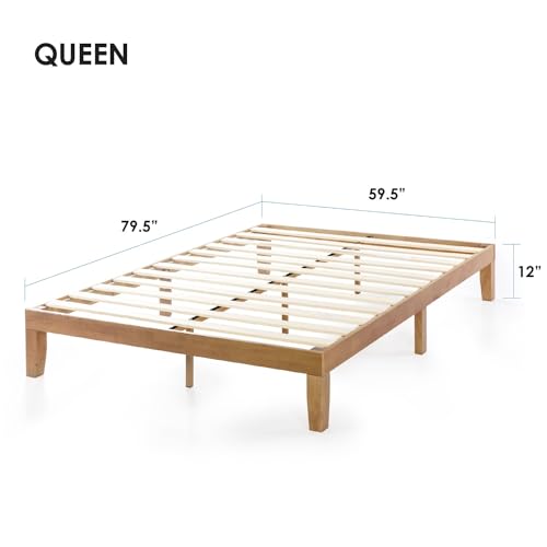 Mellow Naturalista Classic - 12 Inch Solid Wood Platform Bed with Wooden Slats, No Box Spring Needed, Easy Assembly, Queen, Pine