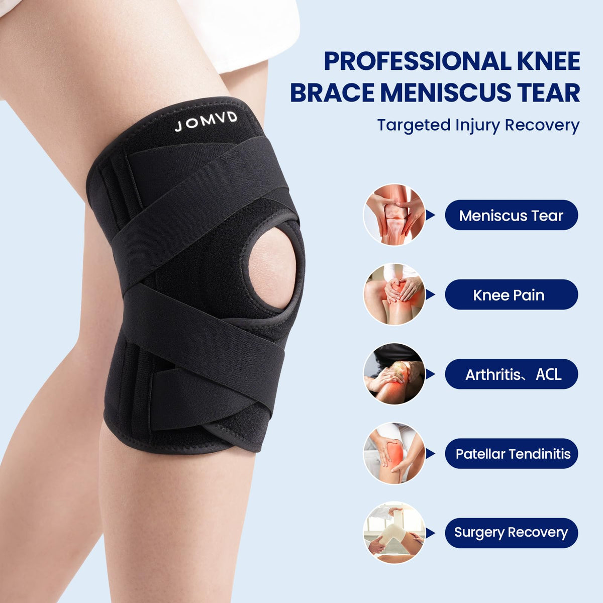 JOMVD Knee Brace for Knee Pain, Meniscus Tear, Adjustable Knee Support with Side Spring Stabilizers for Meniscus Tear, ACL, Arthritis, Knee Pain Relief, Women and Men, Large,Black