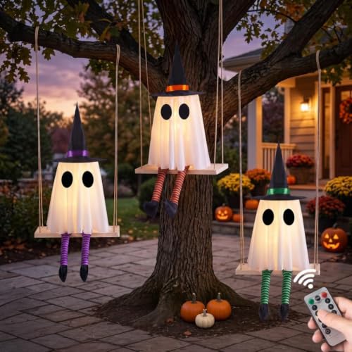 Halloween Swinging Ghost Outdoor Decor, Spooky Hanging Ghosts Decorations | Set of 3, Timer Function, Remote Control, Unique Ghost & Witch Fusion Design, Solid Wood, 29.5Inches Height