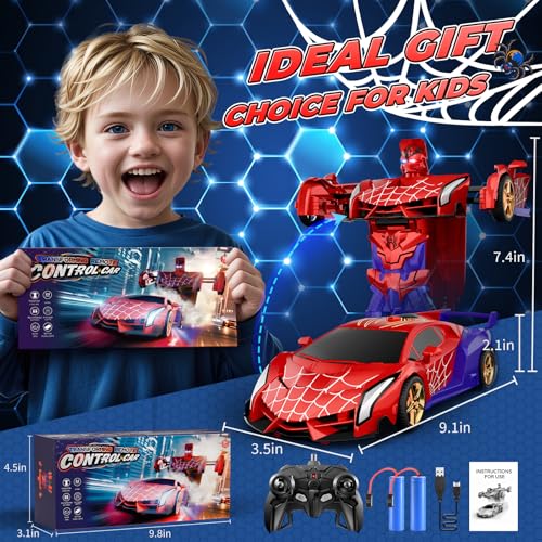 Spider Transform RC Cars Toys with Eye & Underbody Lights, 2.4GHz Remote Control Car One-Button Deformation, Fast 360°Rotation Robot Toys Birthday Gifts for 3 4 5 6 7 8 9 10 Year Old Boys Age 4-7 8-12
