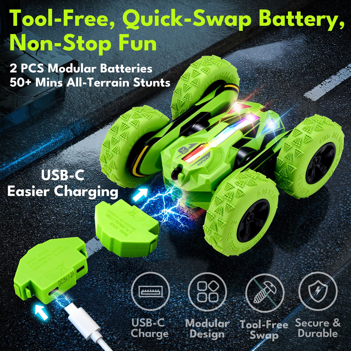 Threeking Remote Control Car Rc Flip Stunt Cars Toys Gifts for Kids Ages 6+ | Upgraded USB-C Modular Batteries 4WD Unique AUTO DEMO RGB Eye-Friendly Lights 360° Flips Double Sided Driving Stunt Car