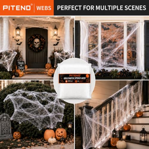 Piteno® 1200 sqft Spider Webs Halloween Decorations with 40 Fake Spiders, Stretchable Halloween Spider Webs for Indoor Outdoor Haunted House Yard Porch Party Decor (White)