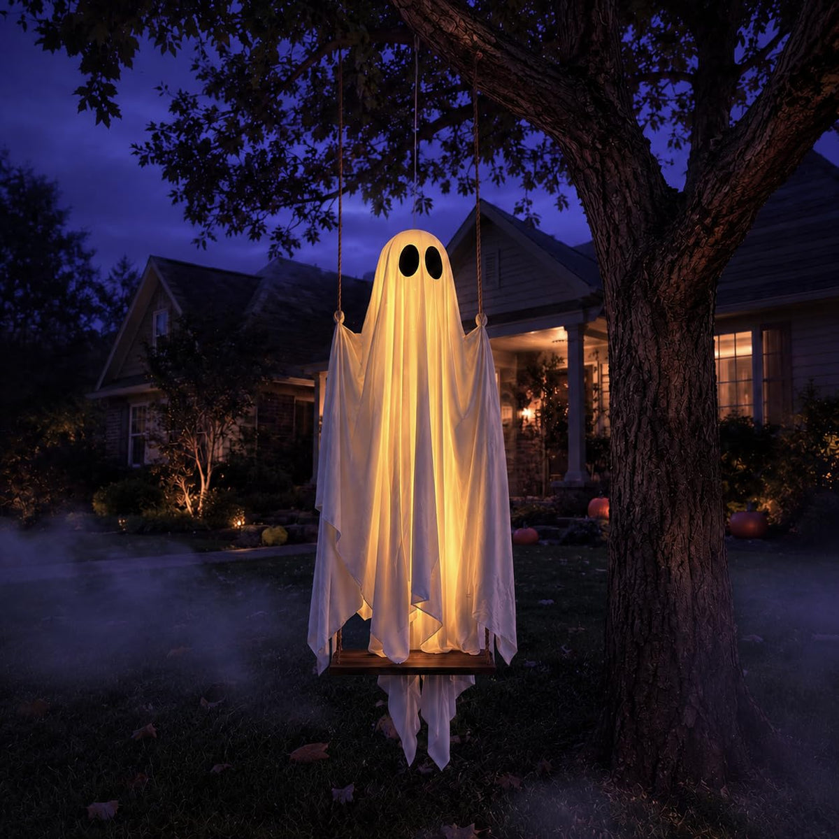 5FT Large Outdoor Halloween Decorations Swing Hanging Ghost for Porch, Yard | Ready to Hang Setup, Height-Adjustable Swing, Timer Remote Lights Strings, Draped Smooth Fabric, Porch Yard Lawn Tree Decor