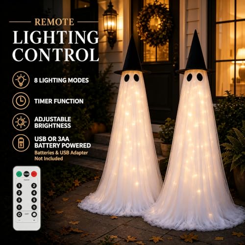 2 Pack 5 Ft Large Light Up Ghost Decor - Halloween Decorations Outdoor | Double-layered fabric, water bags and stakes, 8 light modes with timer, battery or USB power for porch and lawn