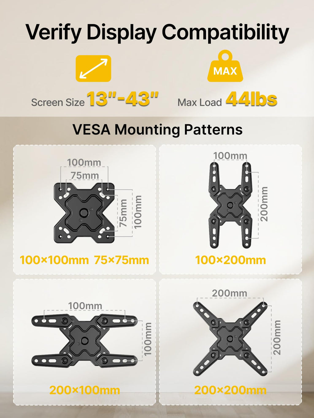 monTEK Full Motion Small TV Wall Mount for 13-43 Inch TVs up to 44 lb | ±90° Swivel, +5°/-15° Tilt, Landscape/Portrait Rotation, Extends 14.6 in, 4X Load Tested, VESA 200x200 mm, Single-Stud Mount