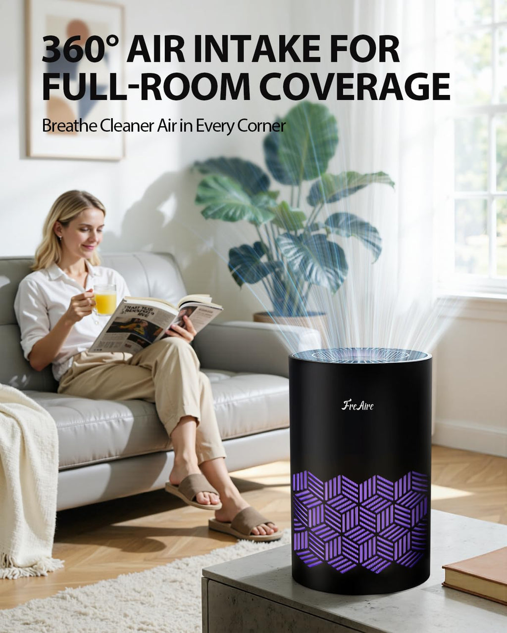 FreAire Air Purifiers for Bedroom Up to 1086 Ft², KN6391RGB, Black | HEPA Air Purifier with 360° Airflow, 20 dB Sleep Mode, 3 Ambient Lights & Aroma Pad for Dust, Smoke, PoIIen & Pet Dander