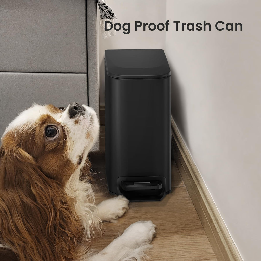 Cesun Small Bathroom Trash Can with Lid, 1.6 Gal, Soft Close, Matte Black | Step pedal soft close, Slim 5.9in fits narrow spaces, Stainless steel, Anti-fingerprint, Removable inner bucket, Odor seal
