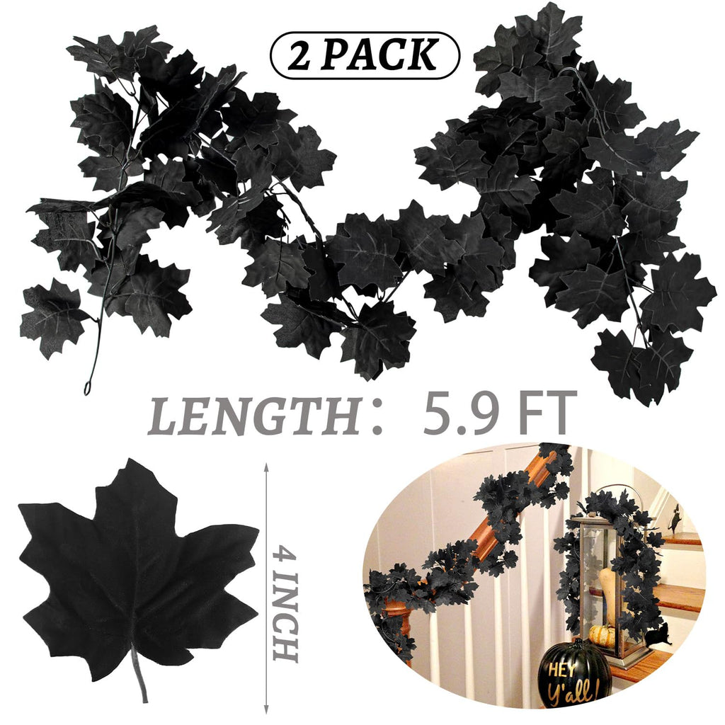 2Pcs Black Maple Leaf Garland Halloween Artificial Fall Leave Vines | 11.8FT, Fall Floral Garlands Thanksgiving Decor for Home Wedding Party