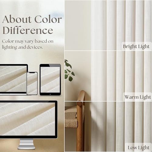TWODRAPES Natural Pinch Pleated Linen Semi Sheer 84 Inch Curtains 2 Panels | Pinch Pleat Hooks Rings, Back Tab, Cream Ivory Birch, Boho Neutral, Textured Linen, Window Curtain for Living Room Bedroom