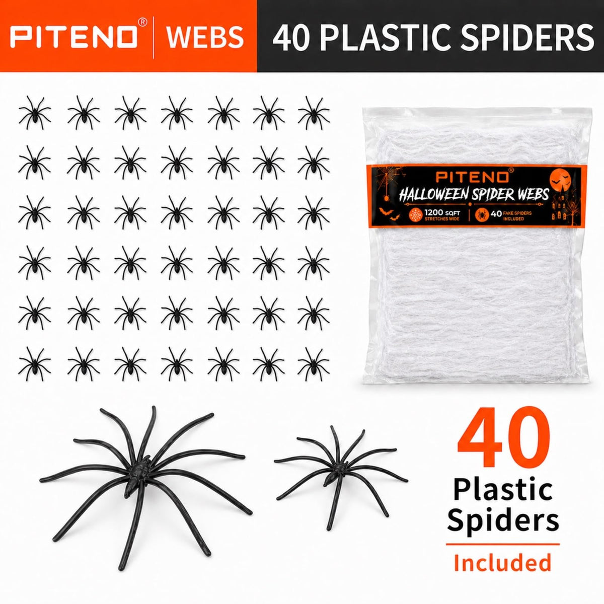 Piteno® 1200 sqft Spider Webs Halloween Decorations with 40 Fake Spiders, Stretchable Halloween Spider Webs for Indoor Outdoor Haunted House Yard Porch Party Decor (White)