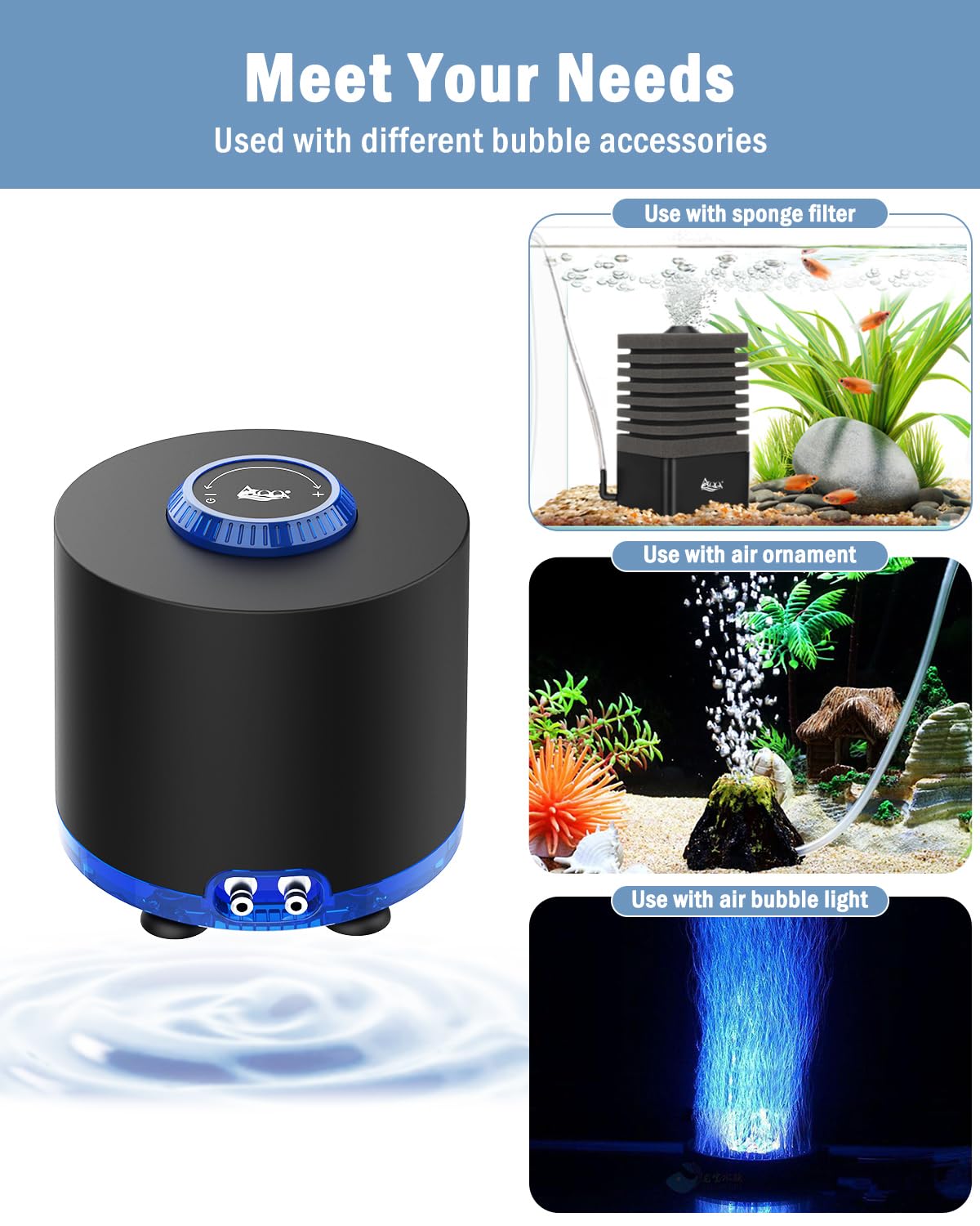 AQQA Aquarium Air Pump, 3W Powerful Dual Outlet Adjustable Oxygen Aerator