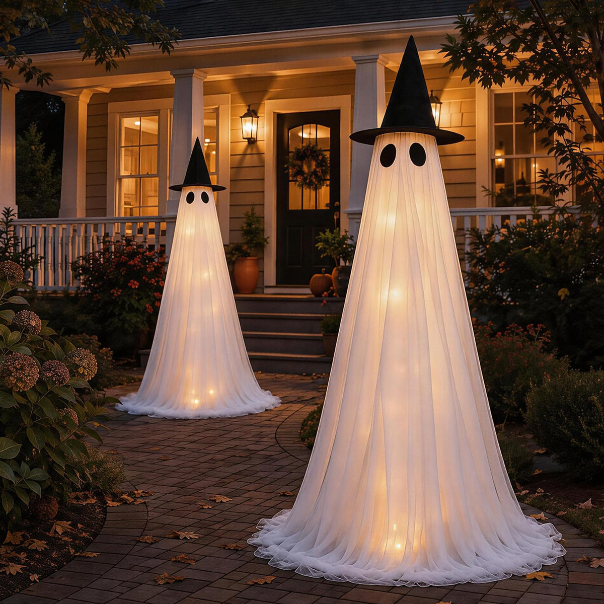 2 Pack 5 Ft Large Light Up Ghost Decor - Halloween Decorations Outdoor | Double-layered fabric, water bags and stakes, 8 light modes with timer, battery or USB power for porch and lawn