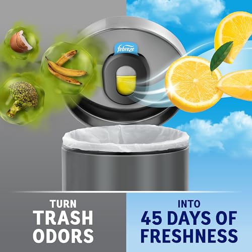 Febreze Odor Fighter, Can Air Freshener, Stick-On Deodorizer for Garbage Cans, Diaper Pails, Works with Scented Bags, Fresh Lemon and Linen & Sky Scents, 2 Holders + 2 Refills