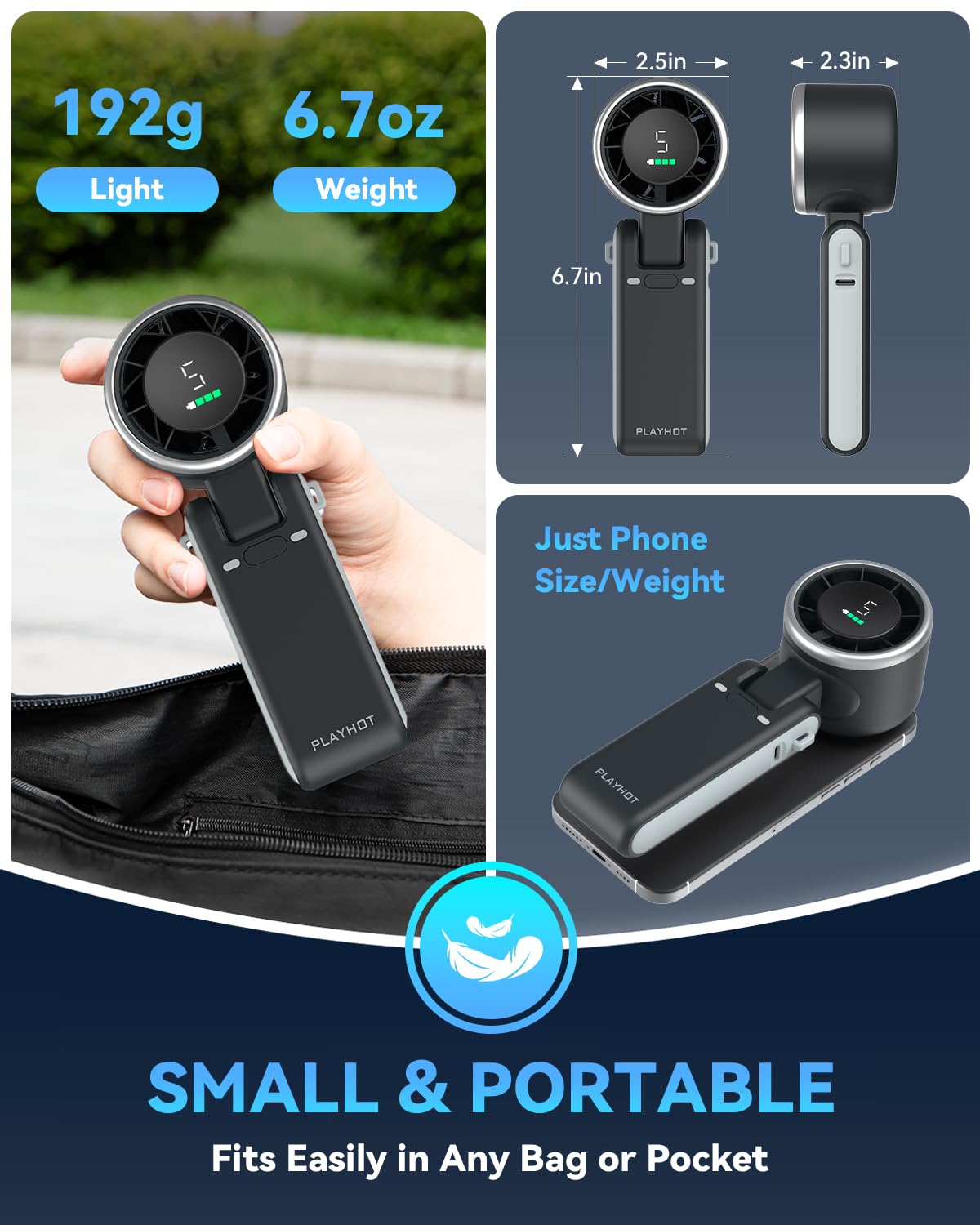 PlayHot Portable Handheld Turbo Fan, Travel Essentials, Gifts for Women/Men | 5-Speed, Up to 12H, 10m/s Airflow, USB-C Rechargeable, LED Display, 3-in-1 Foldable Personal Fan for Cruise, Beach, Vacation